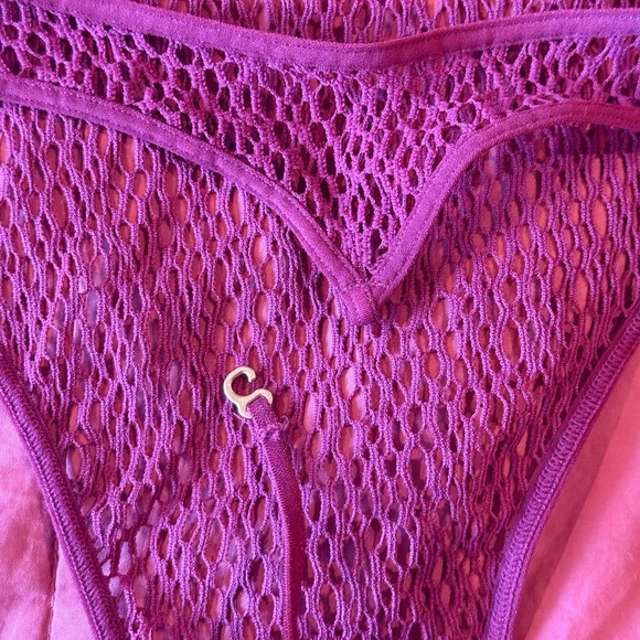 RARE VS, Open back Maroon Mesh Bandeau Bodysuit w/ Tropical Flower Detail - Picture 5 of 10